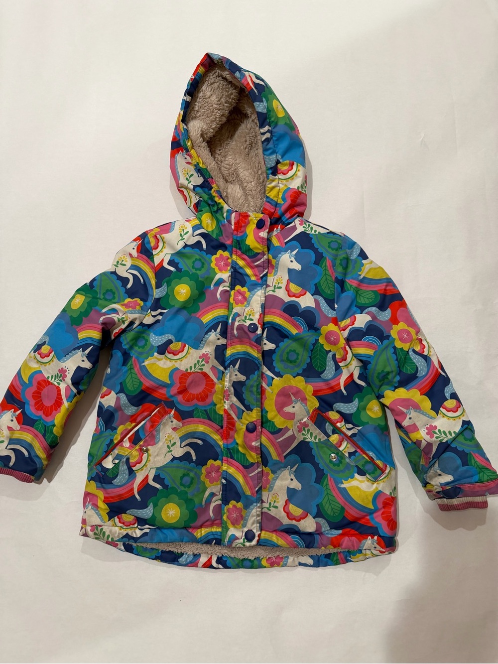 Mini Boden Rainbow Unicorn Hooded Puffer Jacket